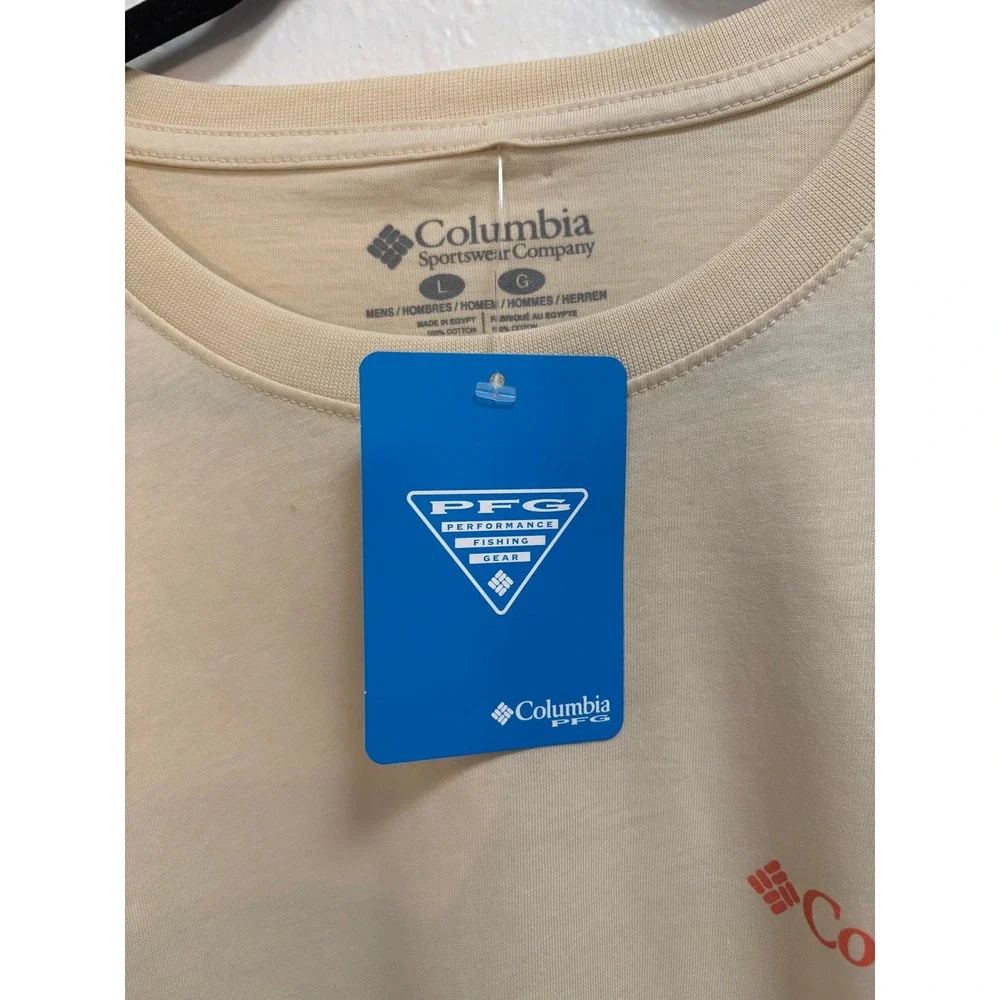 Columbia PFG Mens Large Beige Git Fishin Dog Graphic Long Sleeve T-Shirt‎ NWT